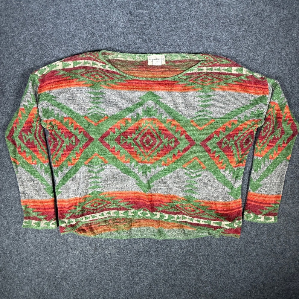 Denim & Supply Ralph Lauren Southwestern Cotton Knit Sweater Green Orange Medium